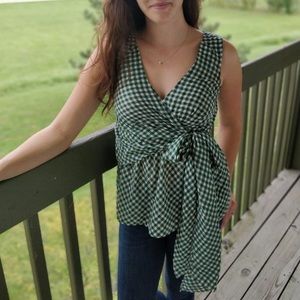 Anthropologie Green & White Gingham Wrap Shirt